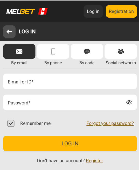 Melbet login screen for signing into a betting account online