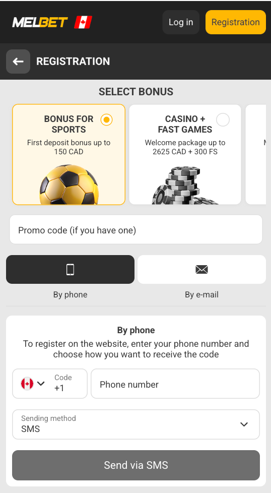 Melbet registration form with sign up options for Canadian players